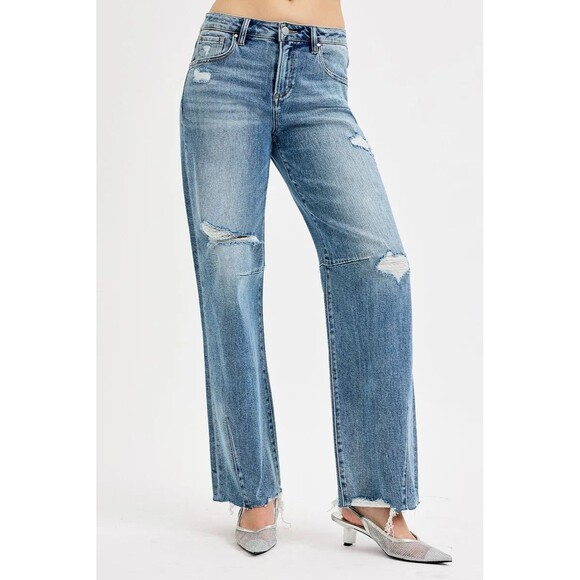 RISEN Mid Rise Fit Wide Baggy Leg Tie Washed Jeans Plus Size - Picture 2 of 6